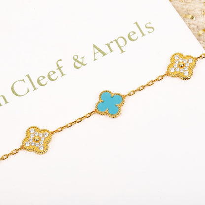 [Clover]CLOVER 5 MOTIF TURQUOISE DIAMOND GOLD BRACELET