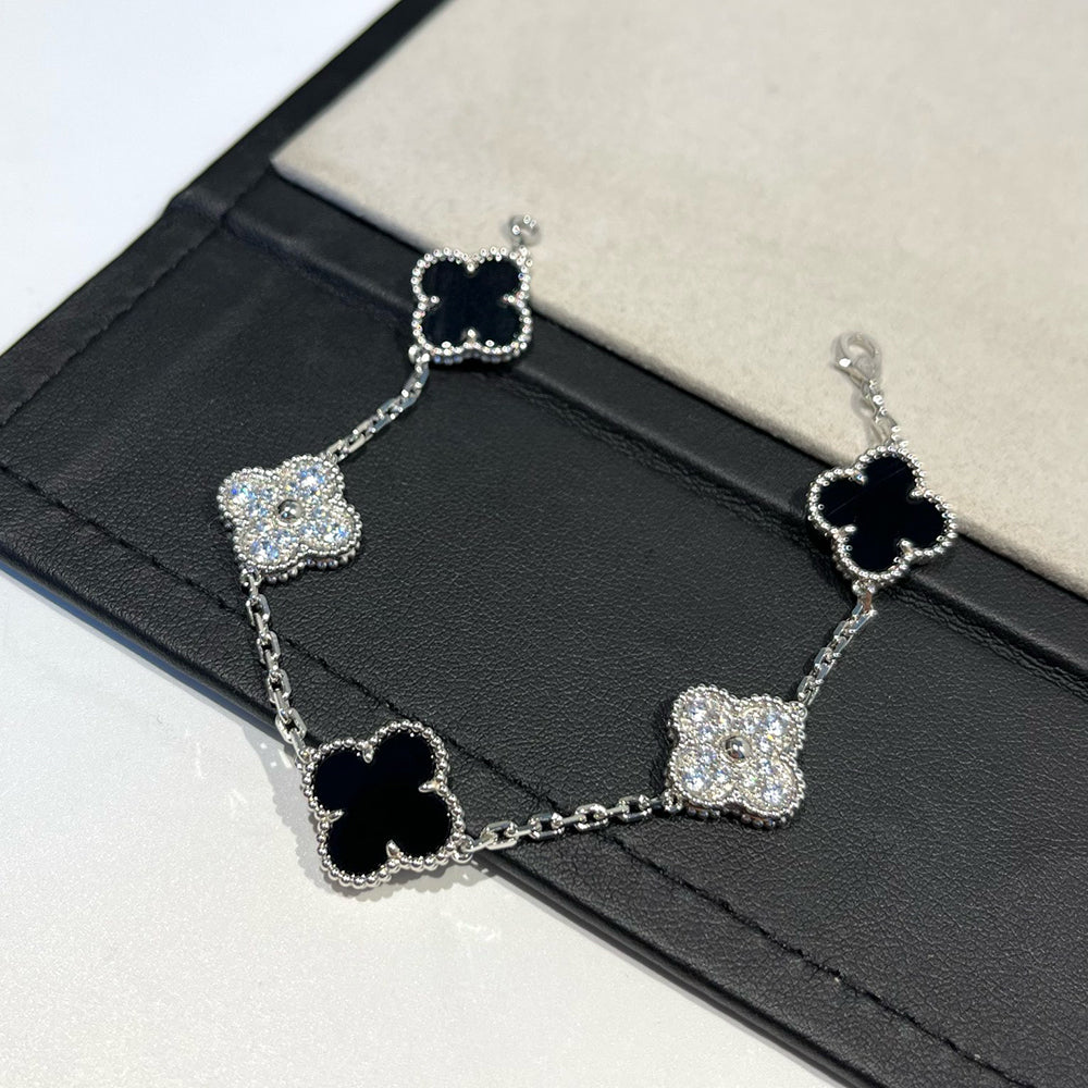 [Clover]CLOVER 5 MOTIF ONYXS DIAMOND BRACELET SILVER