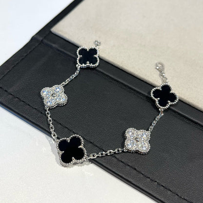 [Clover]CLOVER 5 MOTIF ONYXS DIAMOND BRACELET SILVER