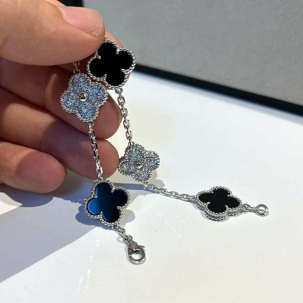 [Clover]CLOVER 5 MOTIF ONYXS DIAMOND BRACELET SILVER