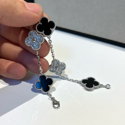 [Clover]CLOVER 5 MOTIF ONYXS DIAMOND BRACELET SILVER