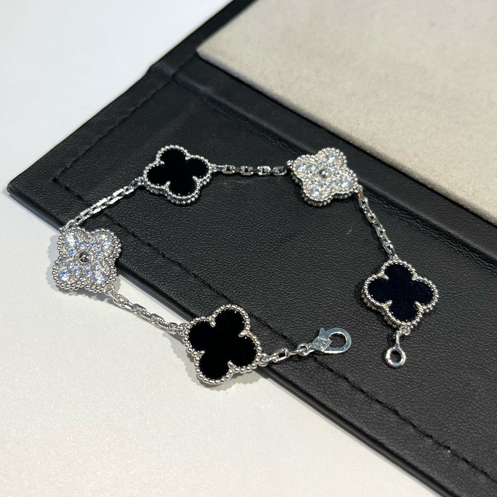 [Clover]CLOVER 5 MOTIF ONYXS DIAMOND BRACELET SILVER