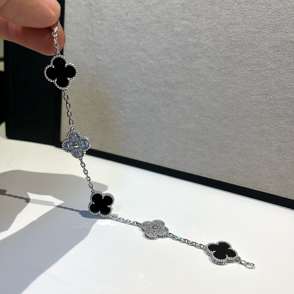 [Clover]CLOVER 5 MOTIF ONYXS DIAMOND BRACELET SILVER