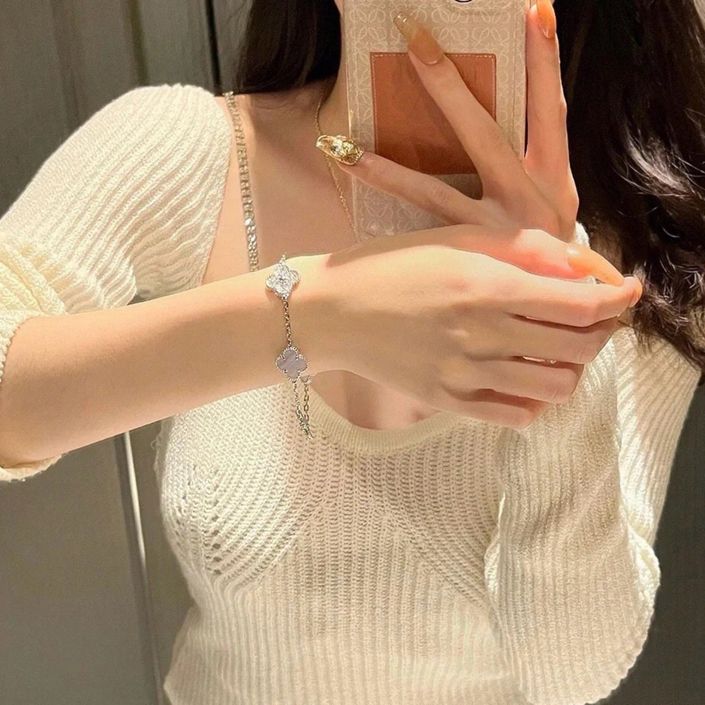 [Clover]CLOVER  5 MOTIF DIAMOND PURPLE CHALCEDONY BRACELET SILVER