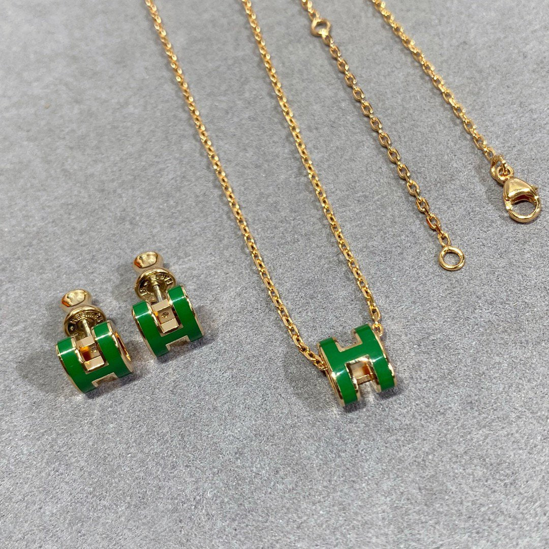 [Clover]POP H GREEN NECKLACE SILVER AND GOLD