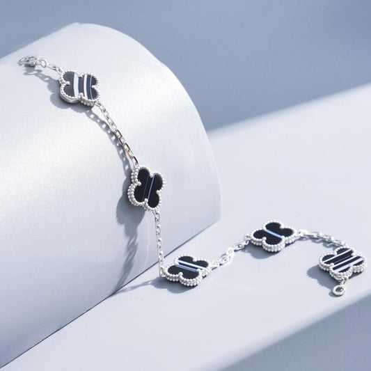 [Clover]CLOVER 5 MOTIF VEINED ONYX BRACELET SILVER