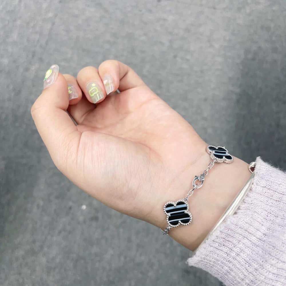 [Clover]CLOVER 5 MOTIF VEINED ONYX BRACELET SILVER