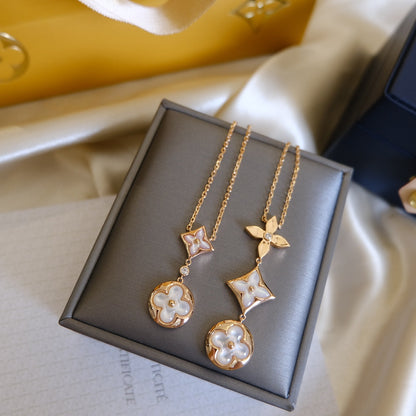 [Clover]COLOR BLOSSOM LARIAT NECKLACE PINK GOLD WHITE MOTHER PEARL AND DIAMOND