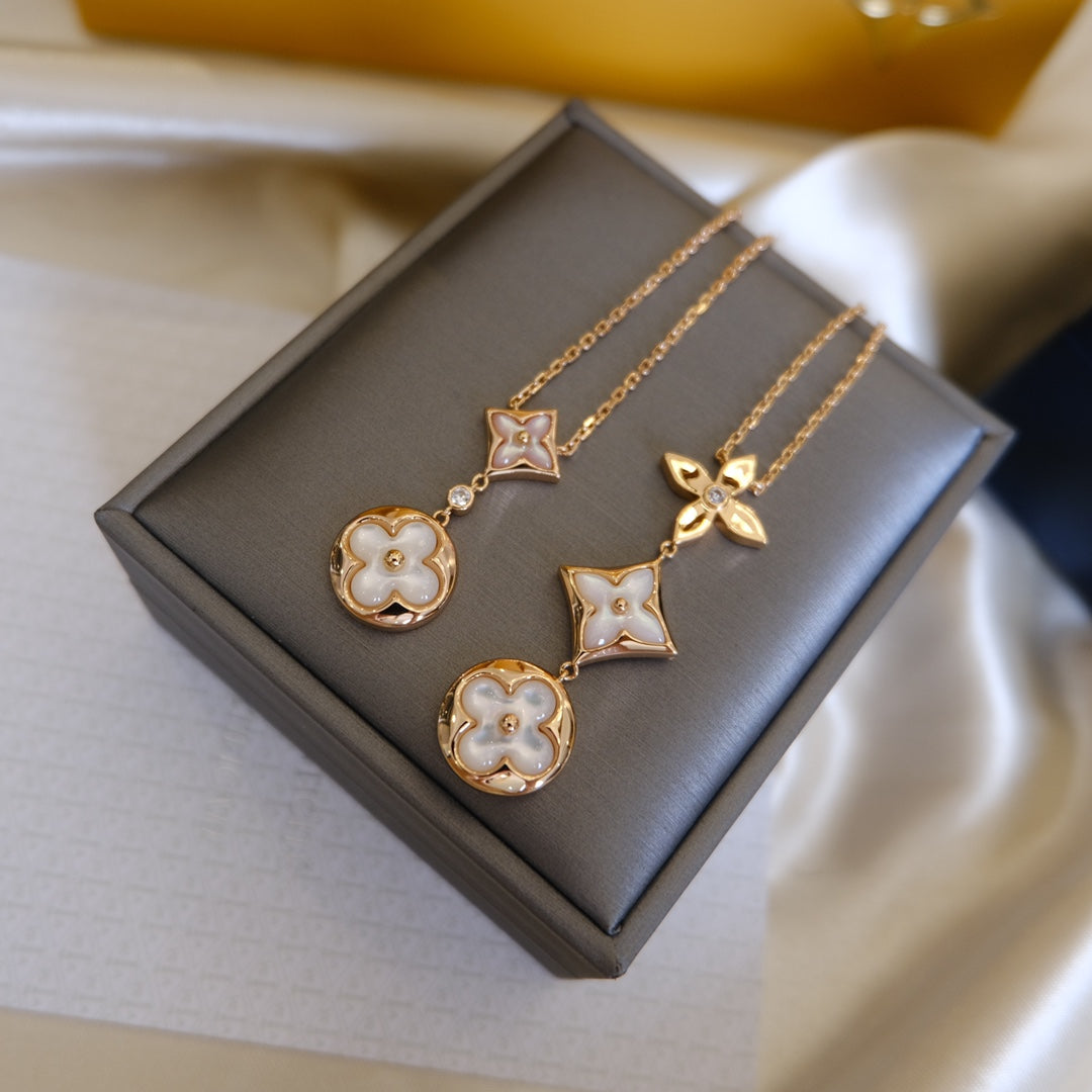 [Clover]COLOR BLOSSOM LARIAT NECKLACE PINK GOLD WHITE MOTHER PEARL AND DIAMOND