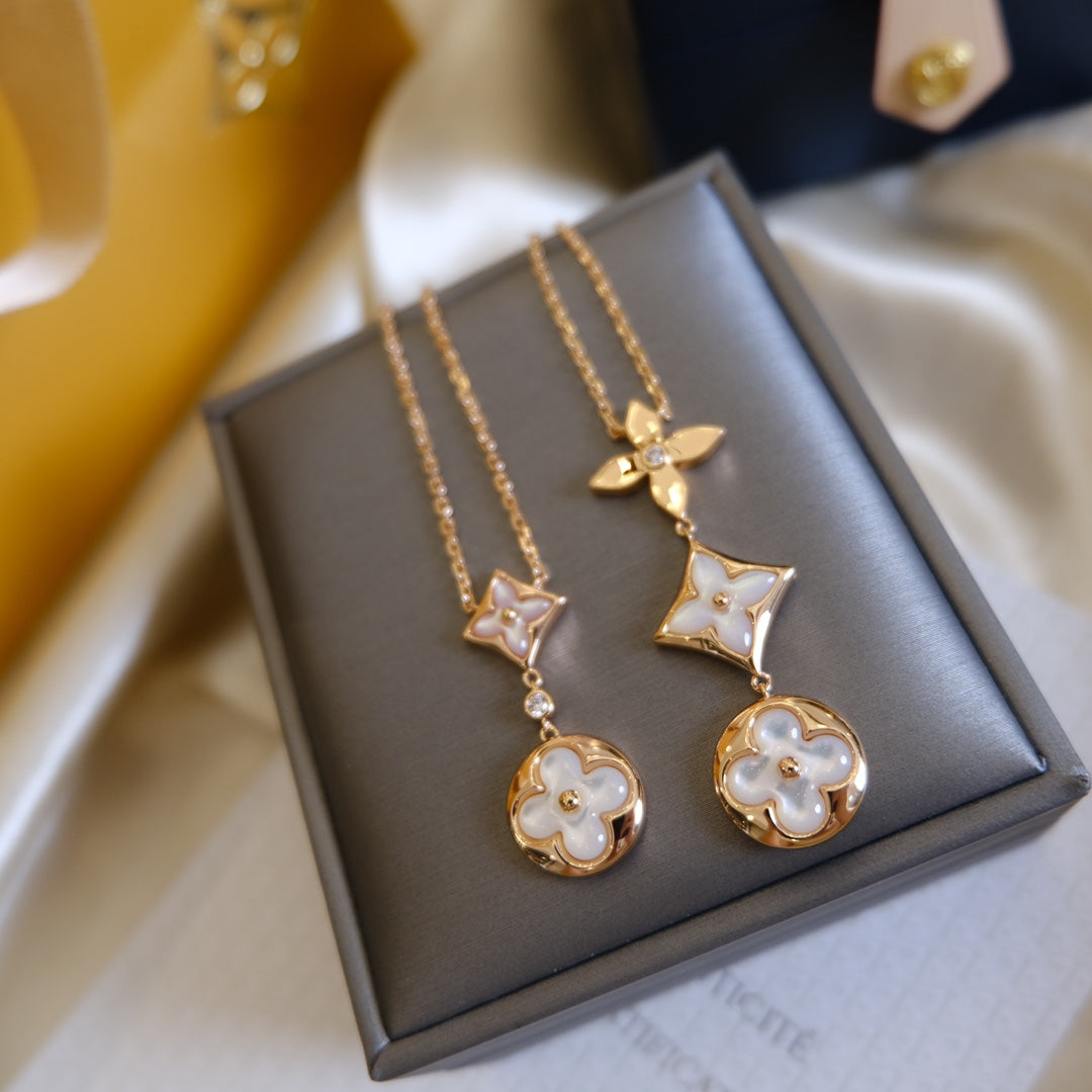 [Clover]COLOR BLOSSOM LARIAT NECKLACE PINK GOLD WHITE MOTHER PEARL AND DIAMOND