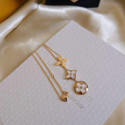 [Clover]COLOR BLOSSOM LARIAT NECKLACE PINK GOLD WHITE MOTHER PEARL AND DIAMOND