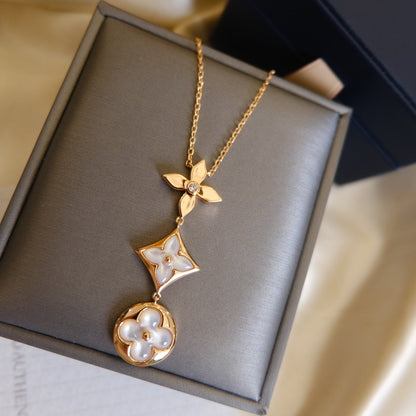 [Clover]COLOR BLOSSOM LARIAT NECKLACE PINK GOLD WHITE MOTHER PEARL AND DIAMOND