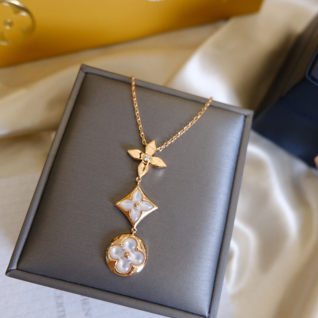 [Clover]COLOR BLOSSOM LARIAT NECKLACE PINK GOLD WHITE MOTHER PEARL AND DIAMOND