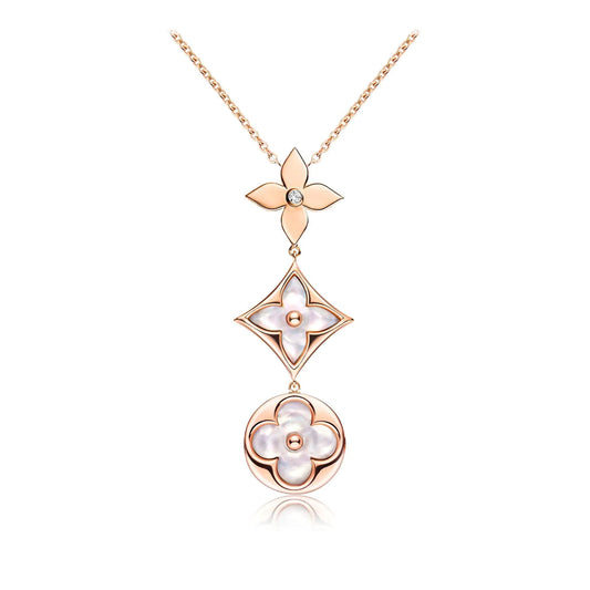 [Clover]COLOR BLOSSOM LARIAT NECKLACE PINK GOLD WHITE MOTHER PEARL AND DIAMOND