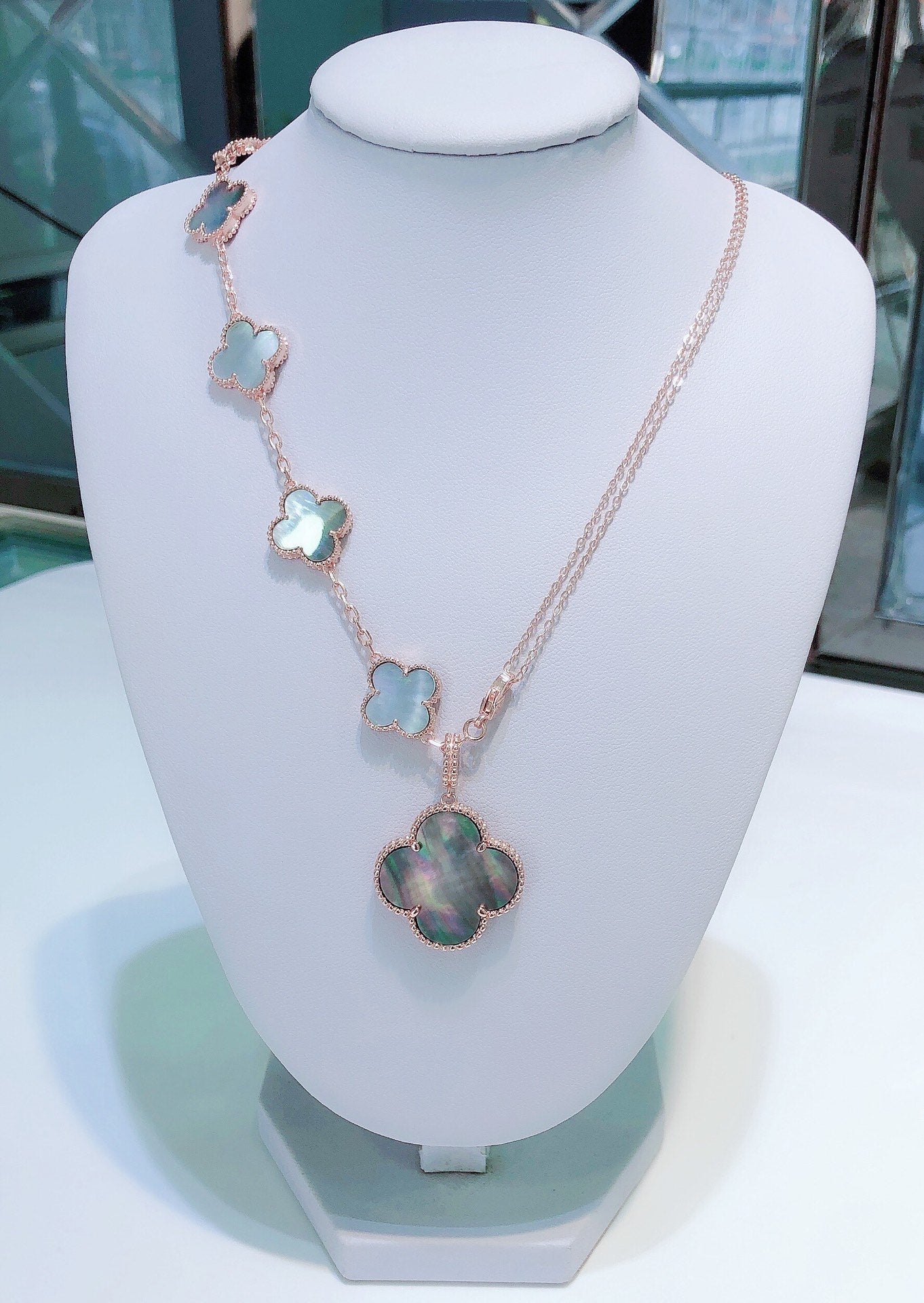 [Clover]COMBINED BRACELET 5 MOTIFS AND NECKLACE DARK MOP ROSE GOLD