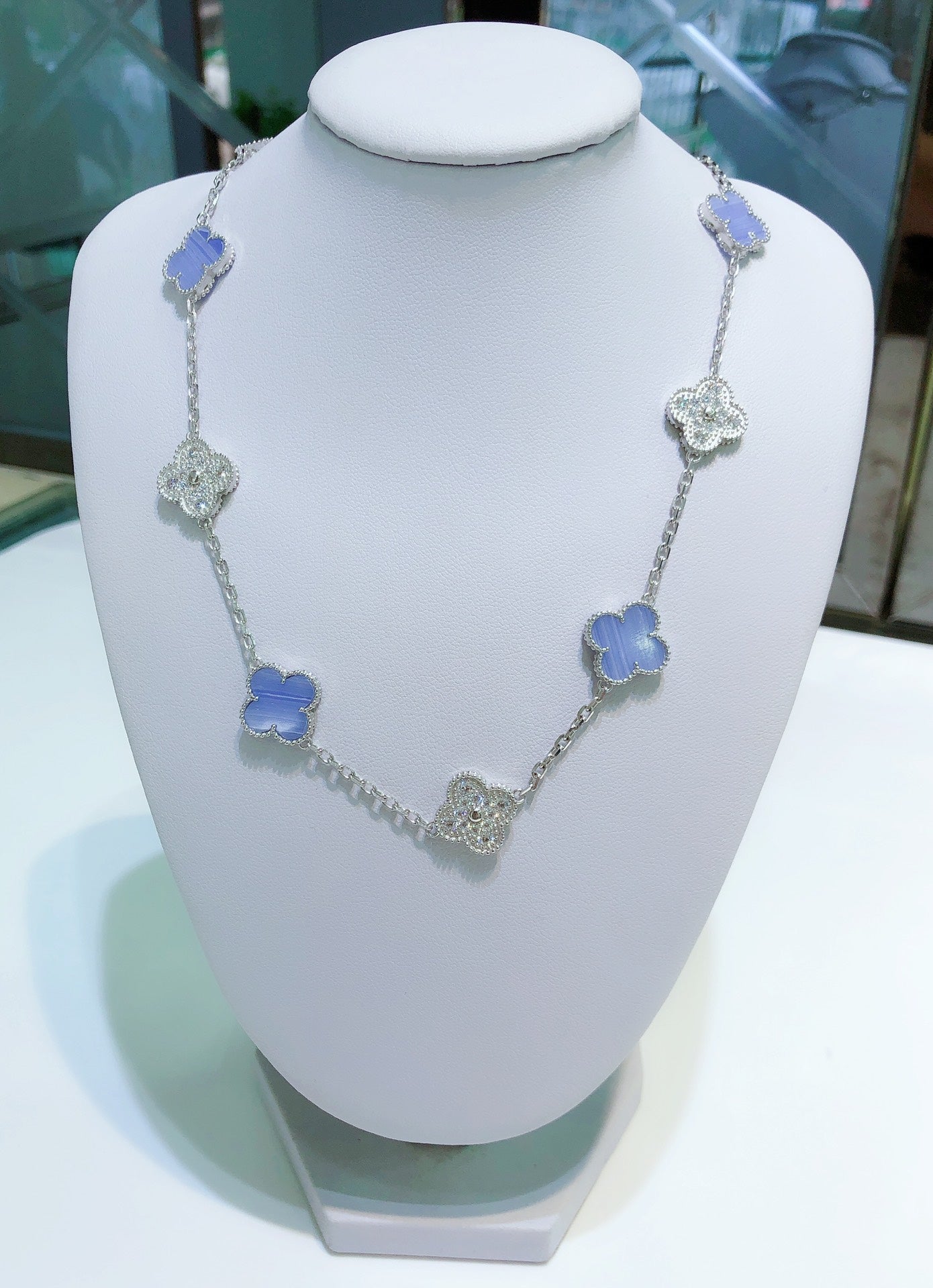 [Clover]CLOVER 10 MOTIFS CHALCEDONY DIAMONDS SILVER NECKLACE