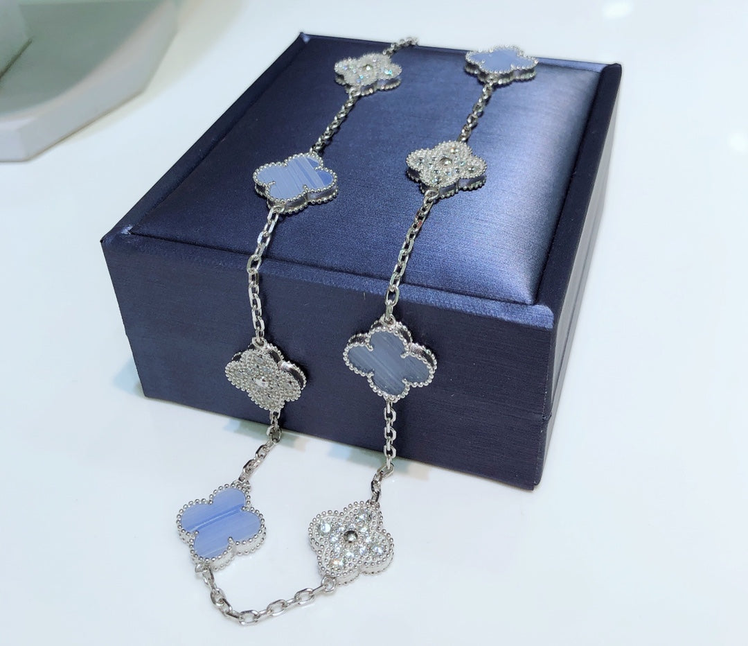 [Clover]CLOVER 10 MOTIFS CHALCEDONY DIAMONDS SILVER NECKLACE