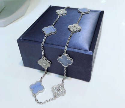 [Clover]CLOVER 10 MOTIFS CHALCEDONY DIAMONDS SILVER NECKLACE