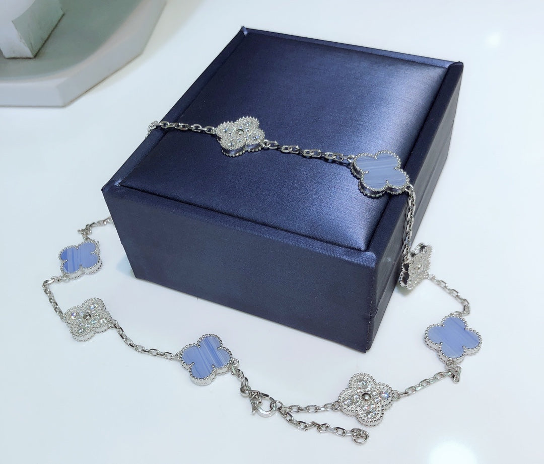 [Clover]CLOVER 10 MOTIFS CHALCEDONY DIAMONDS SILVER NECKLACE