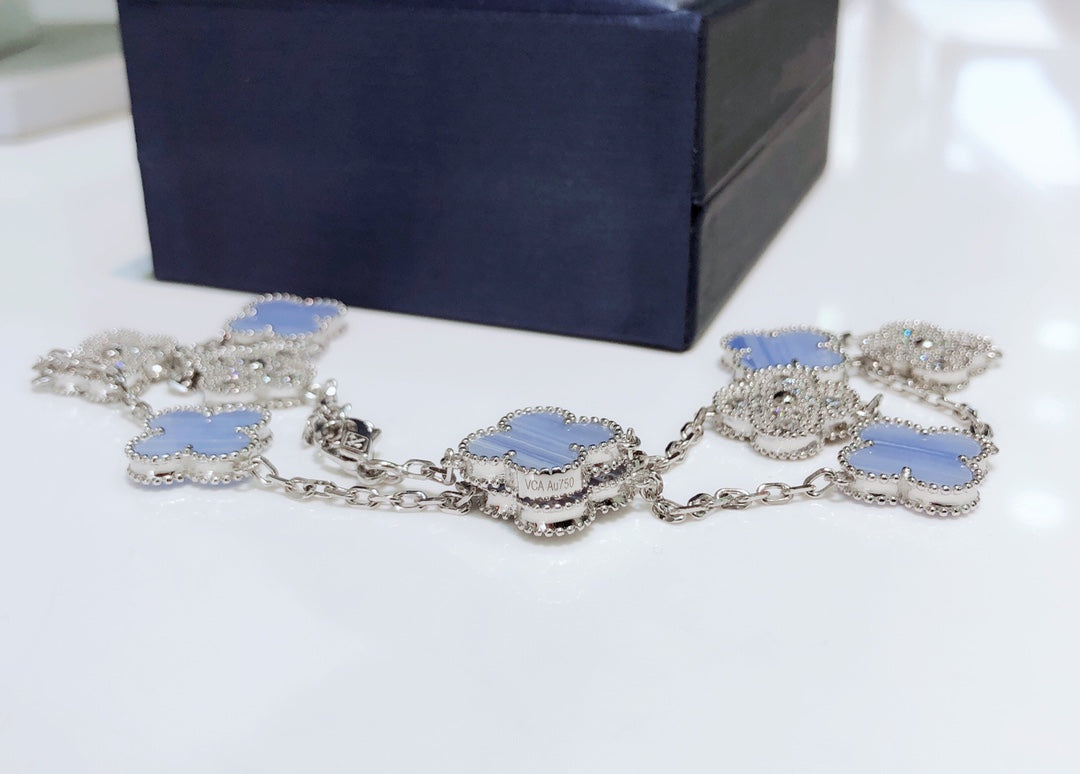 [Clover]CLOVER 10 MOTIFS CHALCEDONY DIAMONDS SILVER NECKLACE