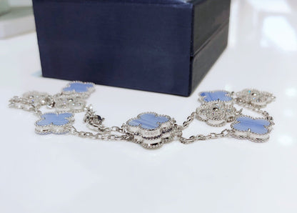 [Clover]CLOVER 10 MOTIFS CHALCEDONY DIAMONDS SILVER NECKLACE