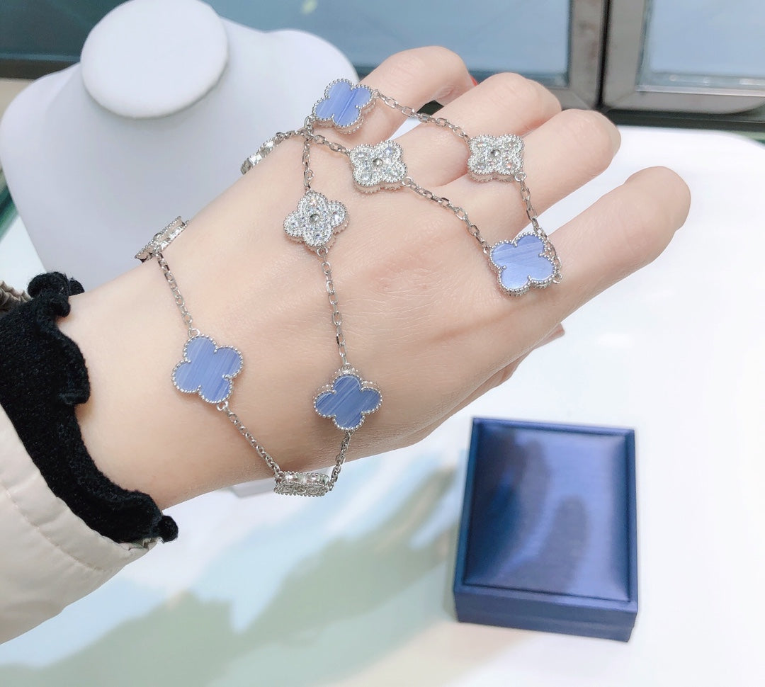 [Clover]CLOVER 10 MOTIFS CHALCEDONY DIAMONDS SILVER NECKLACE