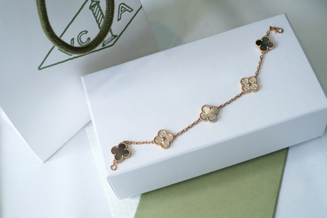 [Clover]CLOVER 5 MOTIFS DARK MOP AND DIAMONDS PINK GOLD BRACELET
