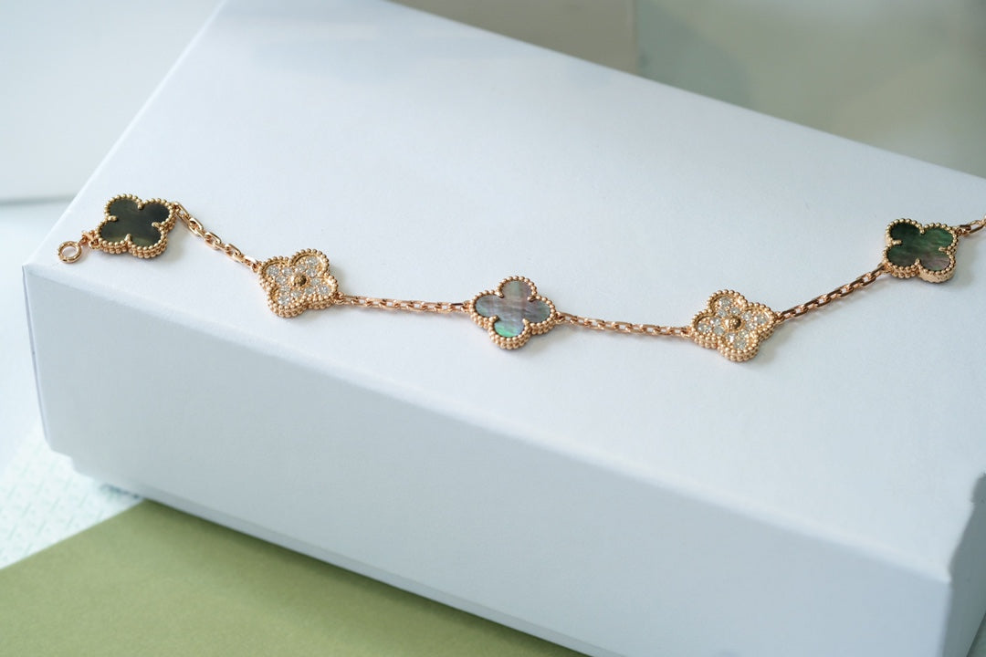 [Clover]CLOVER 5 MOTIFS DARK MOP AND DIAMONDS PINK GOLD BRACELET