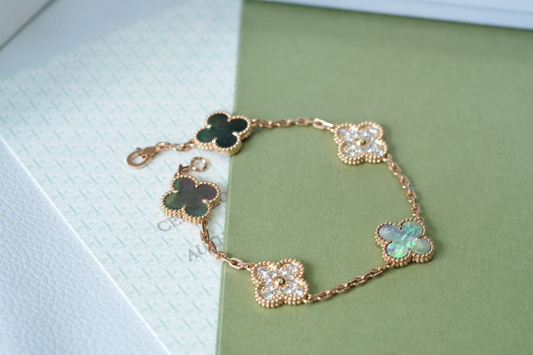 [Clover]CLOVER 5 MOTIFS DARK MOP AND DIAMONDS PINK GOLD BRACELET