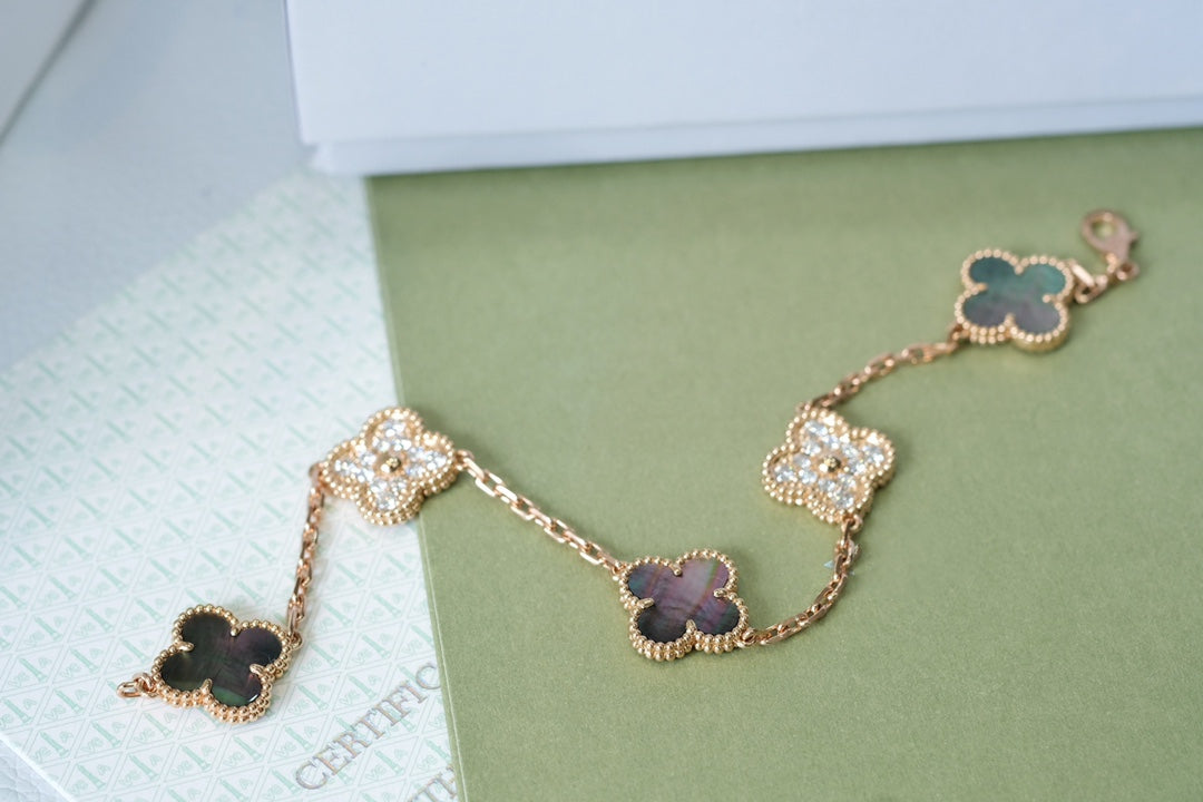 [Clover]CLOVER 5 MOTIFS DARK MOP AND DIAMONDS PINK GOLD BRACELET