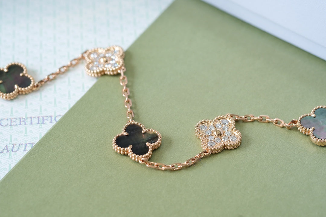 [Clover]CLOVER 5 MOTIFS DARK MOP AND DIAMONDS PINK GOLD BRACELET