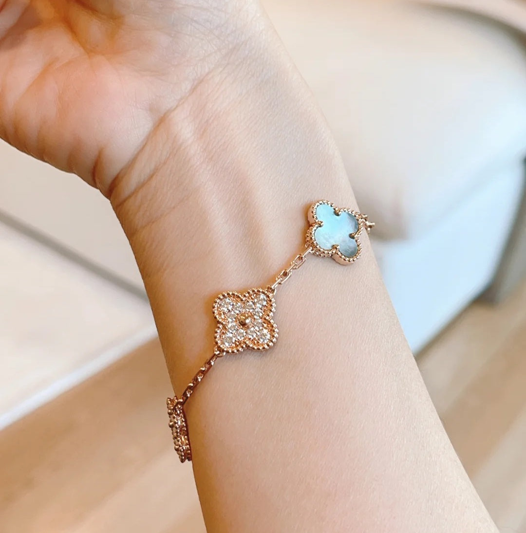 [Clover]CLOVER 5 MOTIFS DARK MOP AND DIAMONDS PINK GOLD BRACELET